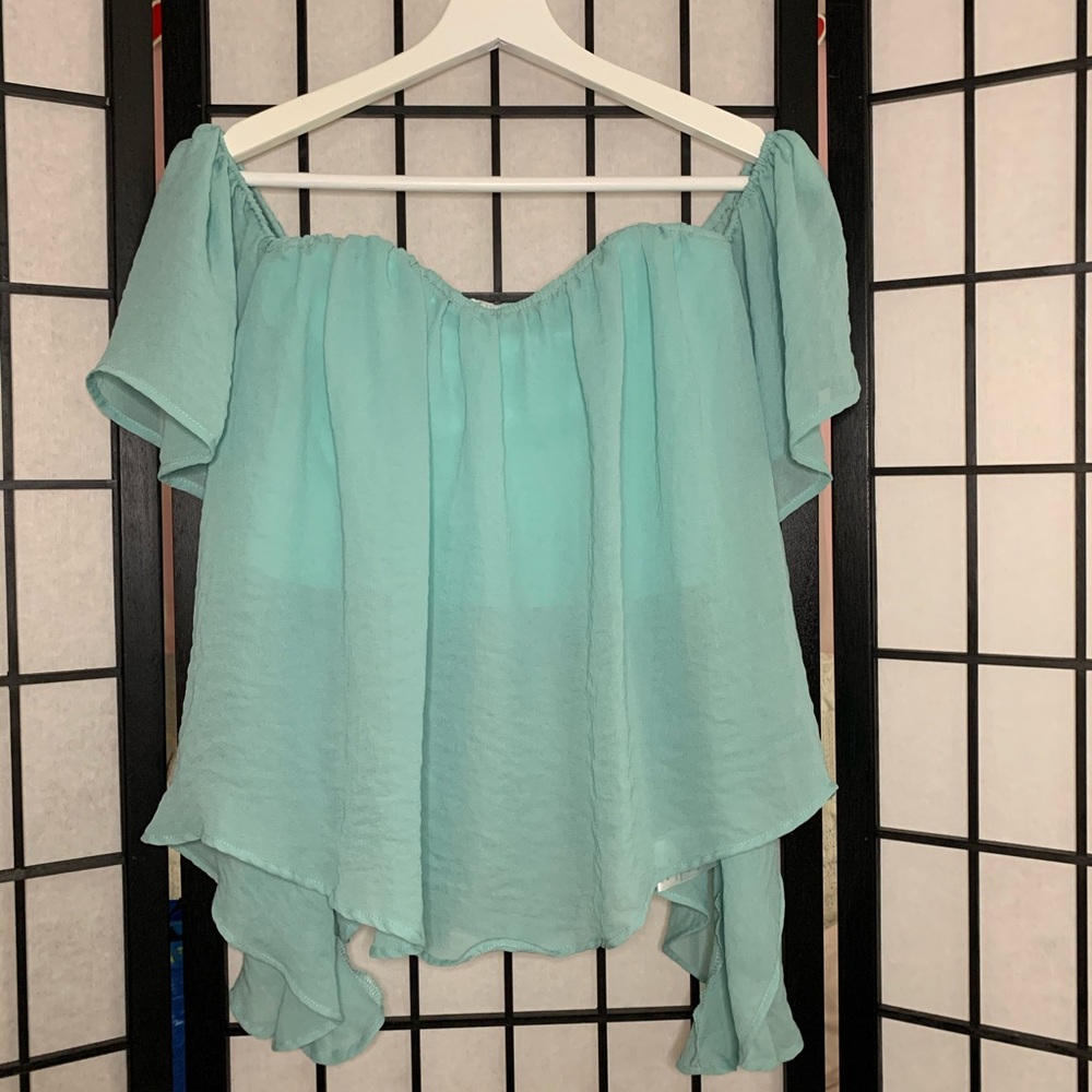 Seafoam blue green off the shoulder flowy crop top